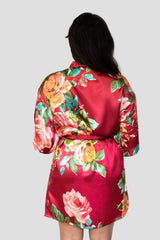 Deep Red Floral Satin Robe-Back Deep Red Floral Satin Robe-Back