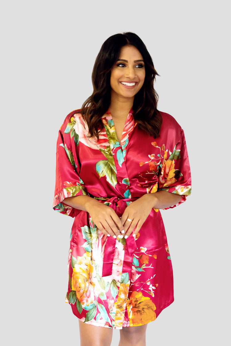 Deep Red Floral Satin Robe-Front