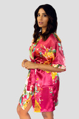 Deep Red Floral Satin Robe-Side Deep Red Floral Satin Robe-Side