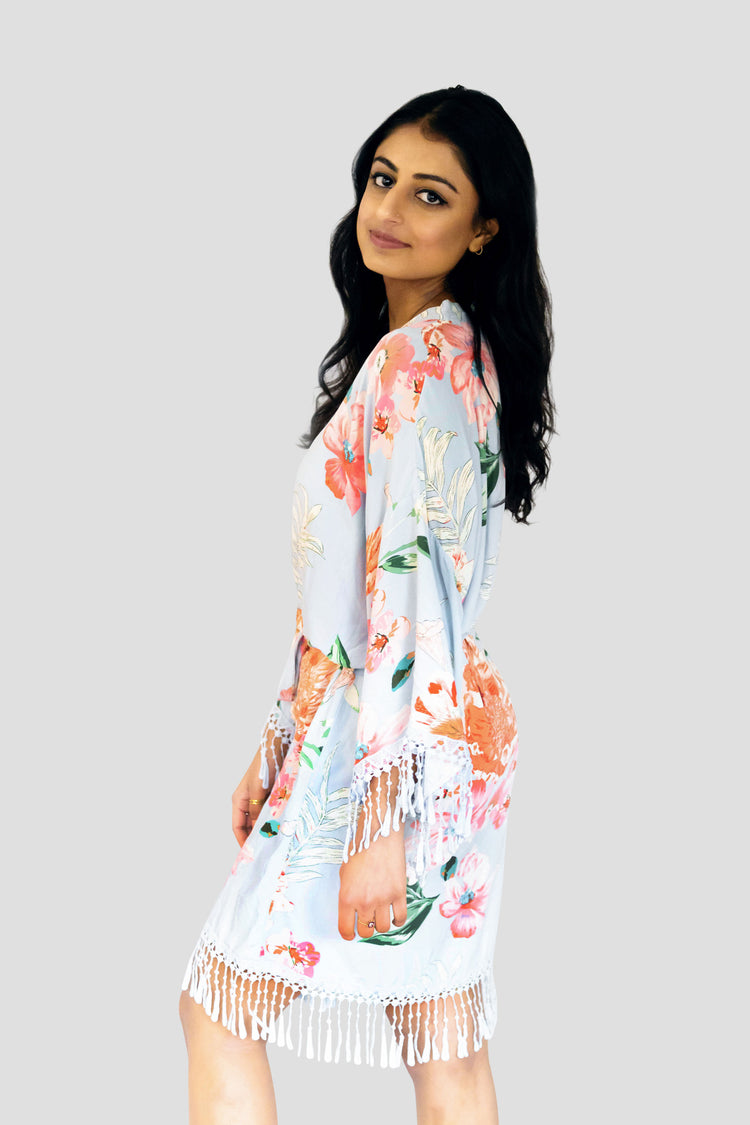 Dusty Blue Cotton Floral Robe - Side