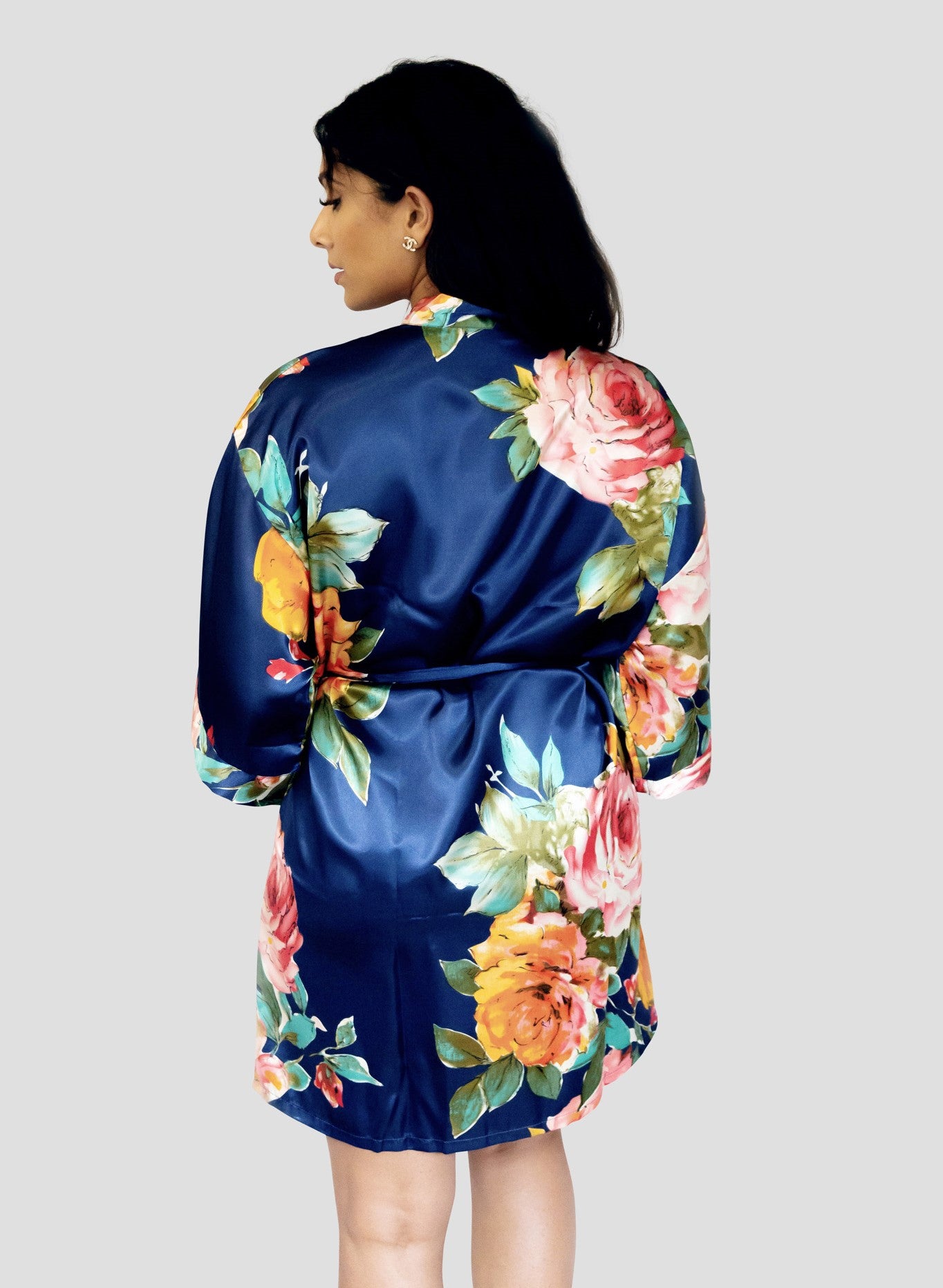 Navy Blue Floral Satin Robe - Back Navy Blue Floral Satin Robe - Back