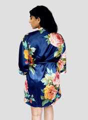 Navy Blue Floral Satin Robe - Back Navy Blue Floral Satin Robe - Back