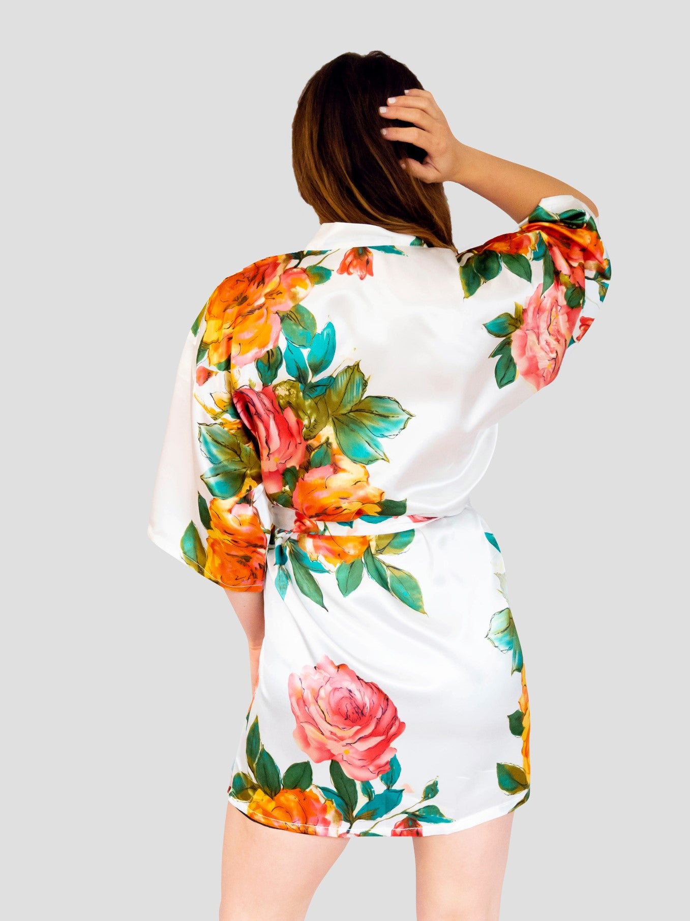 White Floral Satin Robe - Back White Floral Satin Robe - Back