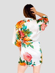 White Floral Satin Robe - Back White Floral Satin Robe - Back