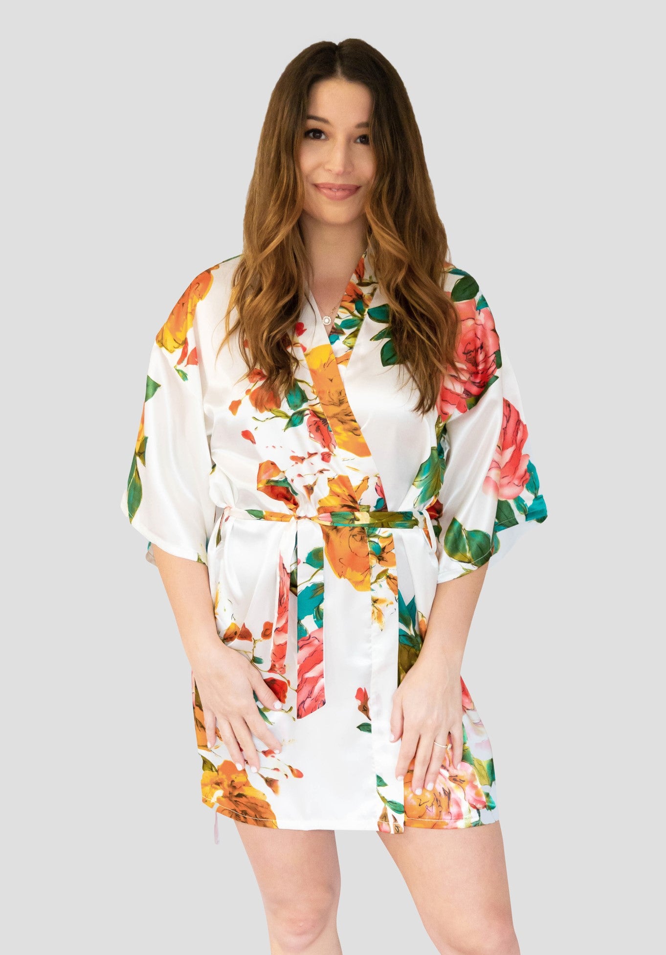 White Floral Satin Robe - Front White Floral Satin Robe - Front
