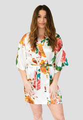 White Floral Satin Robe - Front White Floral Satin Robe - Front