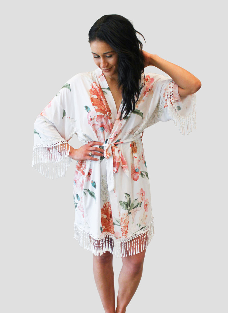 White Cotton Floral Robe