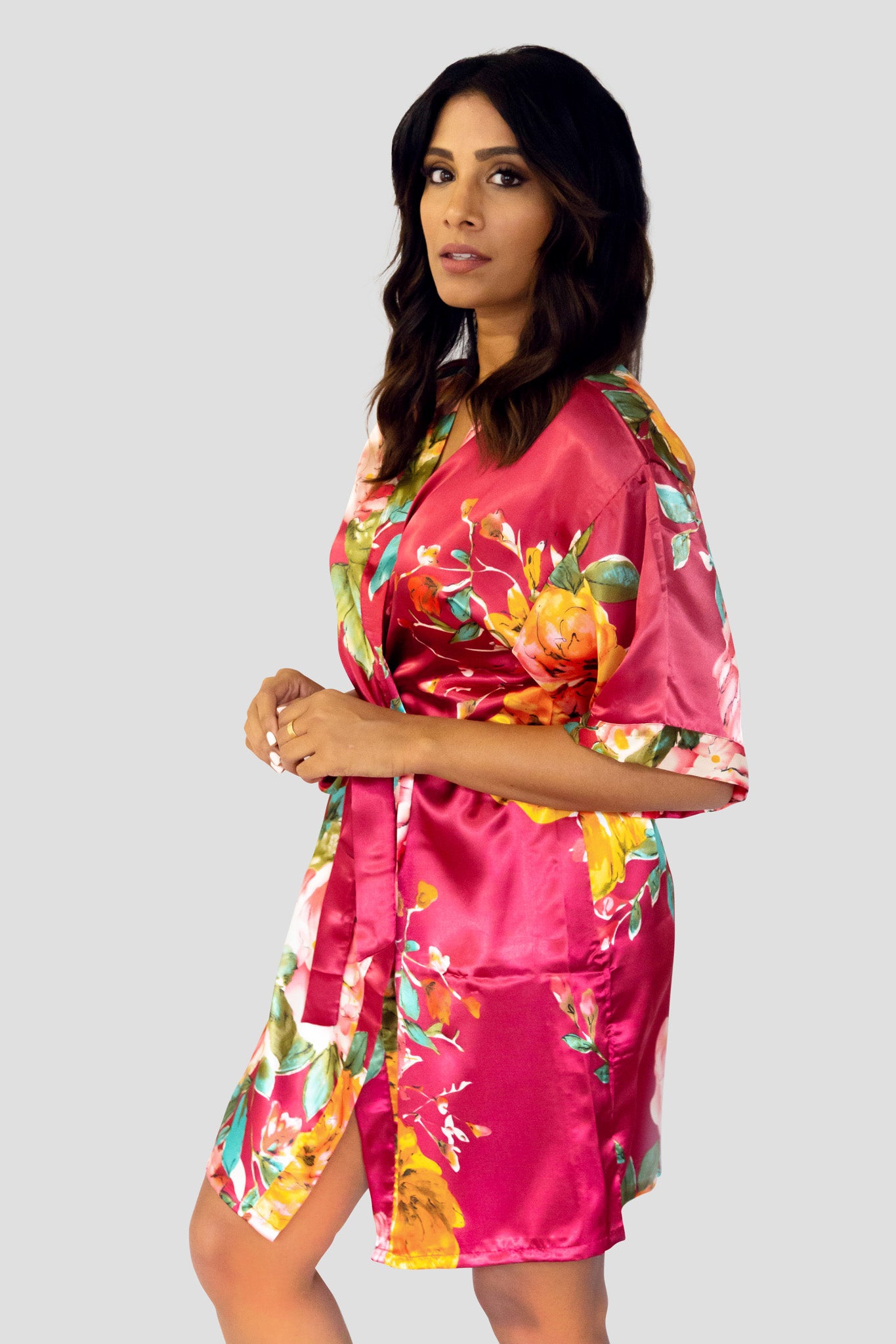 Deep Red Floral Satin Robe-Side