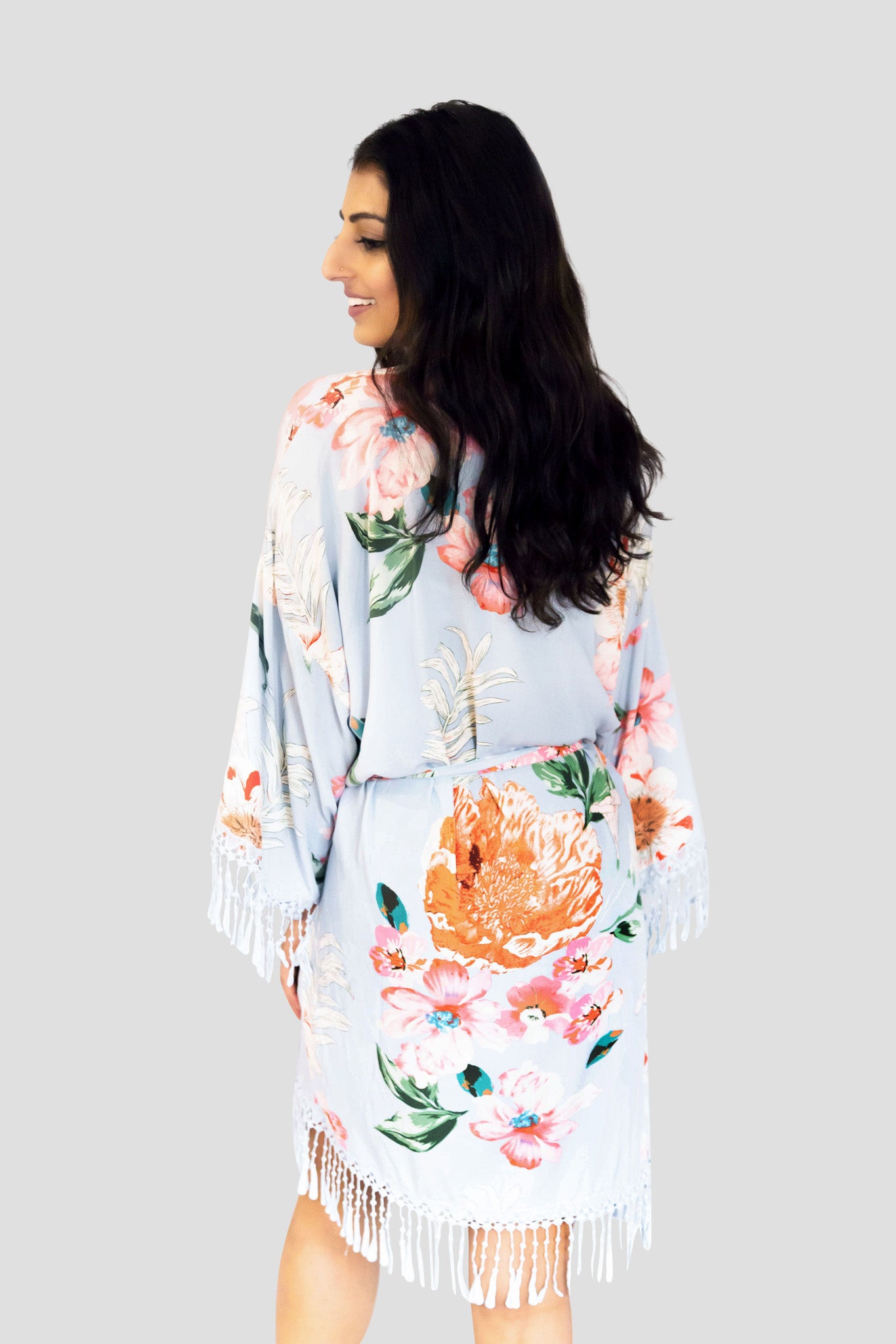 Dusty Blue Cotton Floral Robe - Back