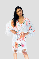 Dusty Blue Cotton Floral Robe - Front