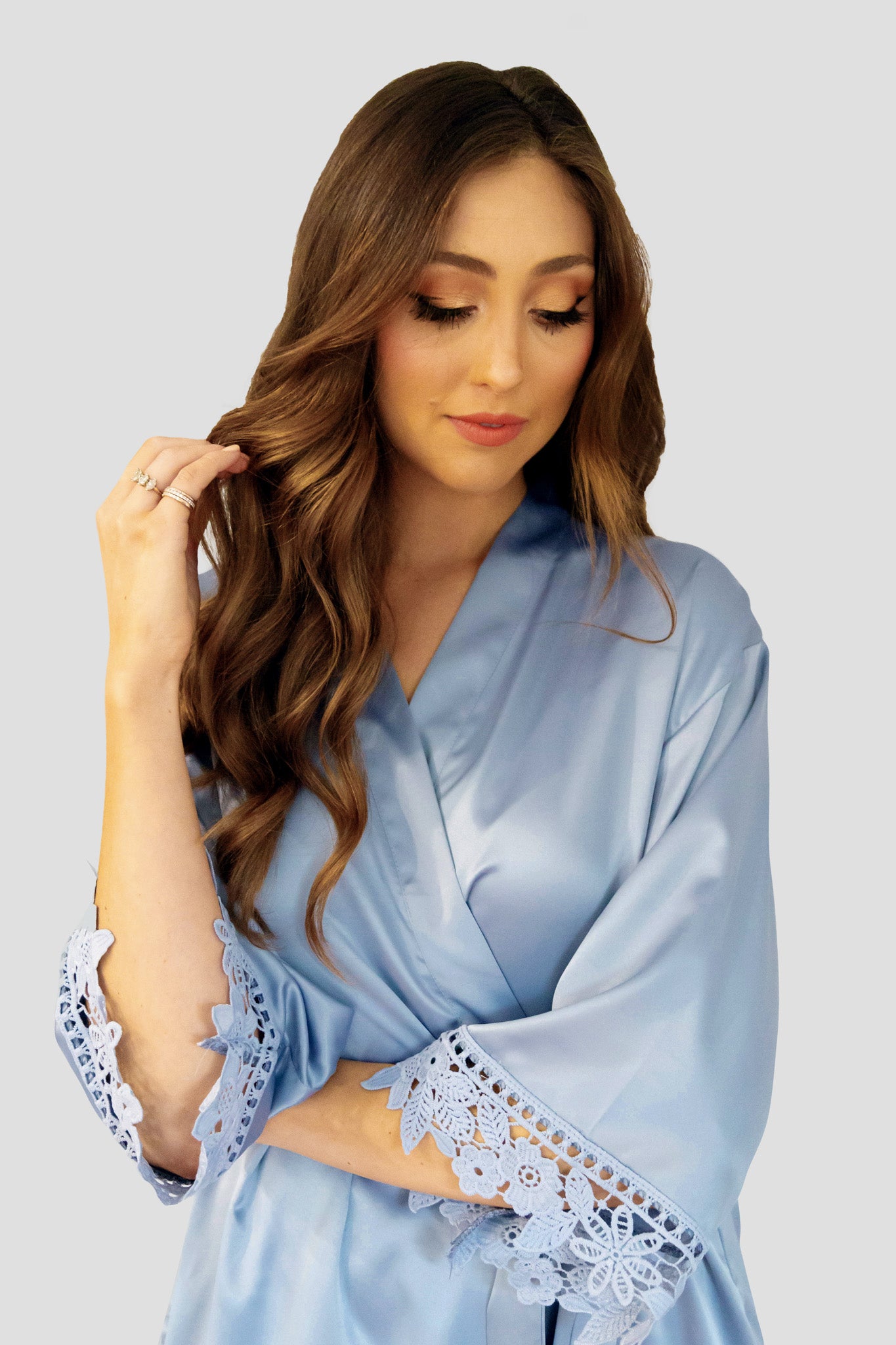 Dusty Blue Solid Color Robe - Lace Sleeve