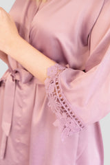 Mauve Solid Satin Robe - Lace Sleeve