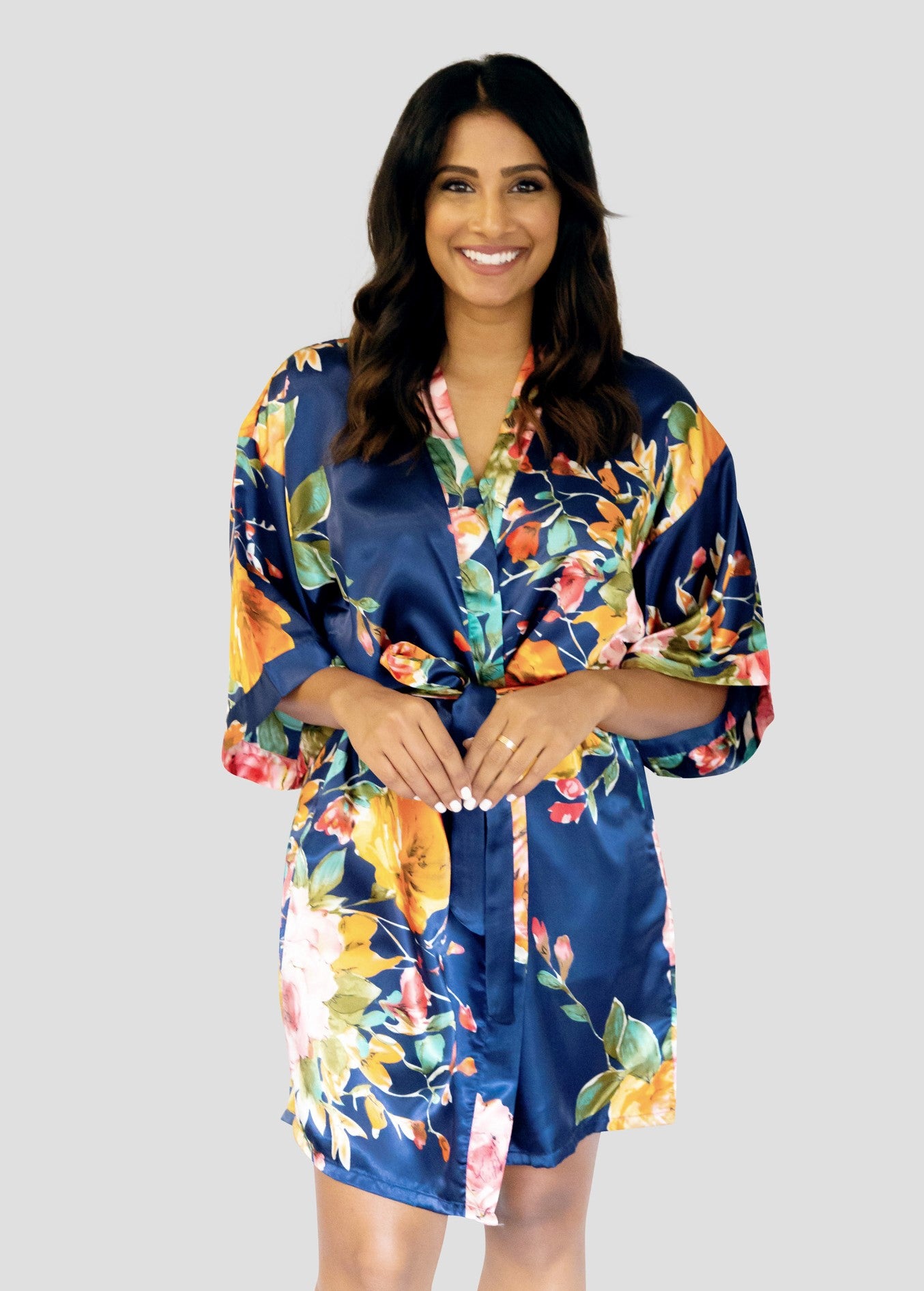 Navy Blue Floral Satin Robe - Front