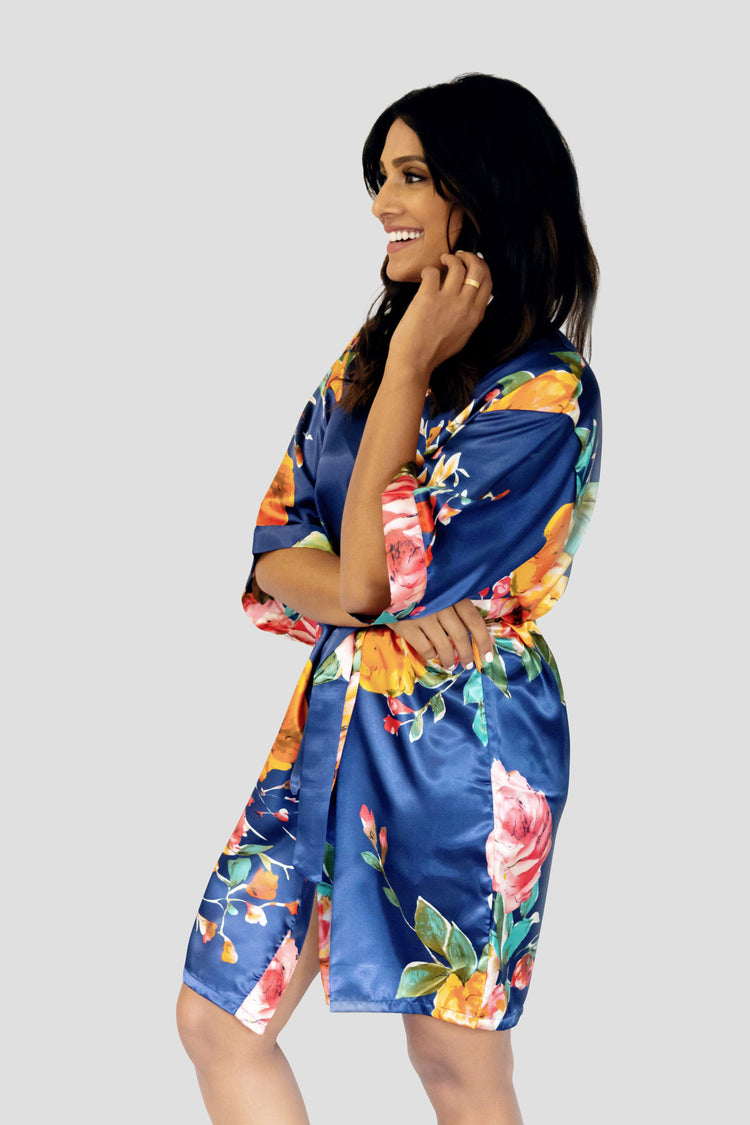 Navy Blue Floral Satin Robe - Side