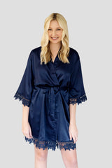 Navy Blue Solid Satin Robe - Front