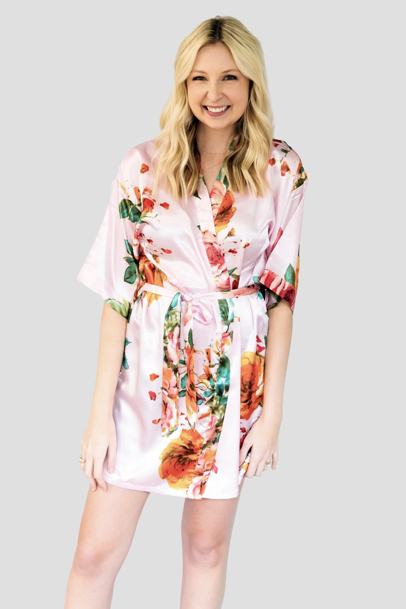 Pink Floral Satin Robe - Front