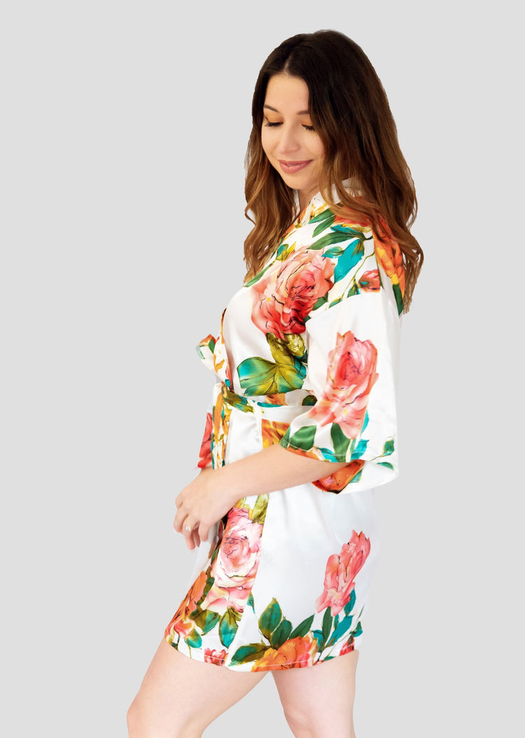White Floral Satin Robe - Side