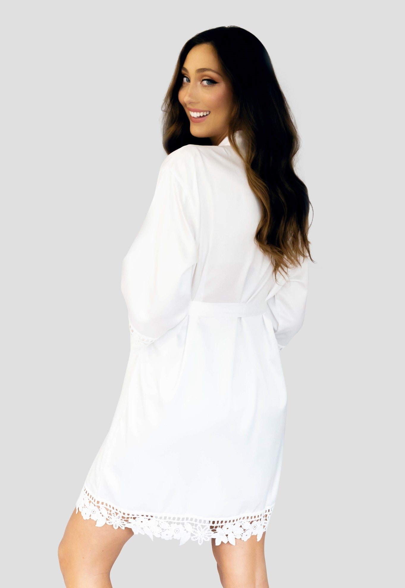 White Solid Satin Robe - Back