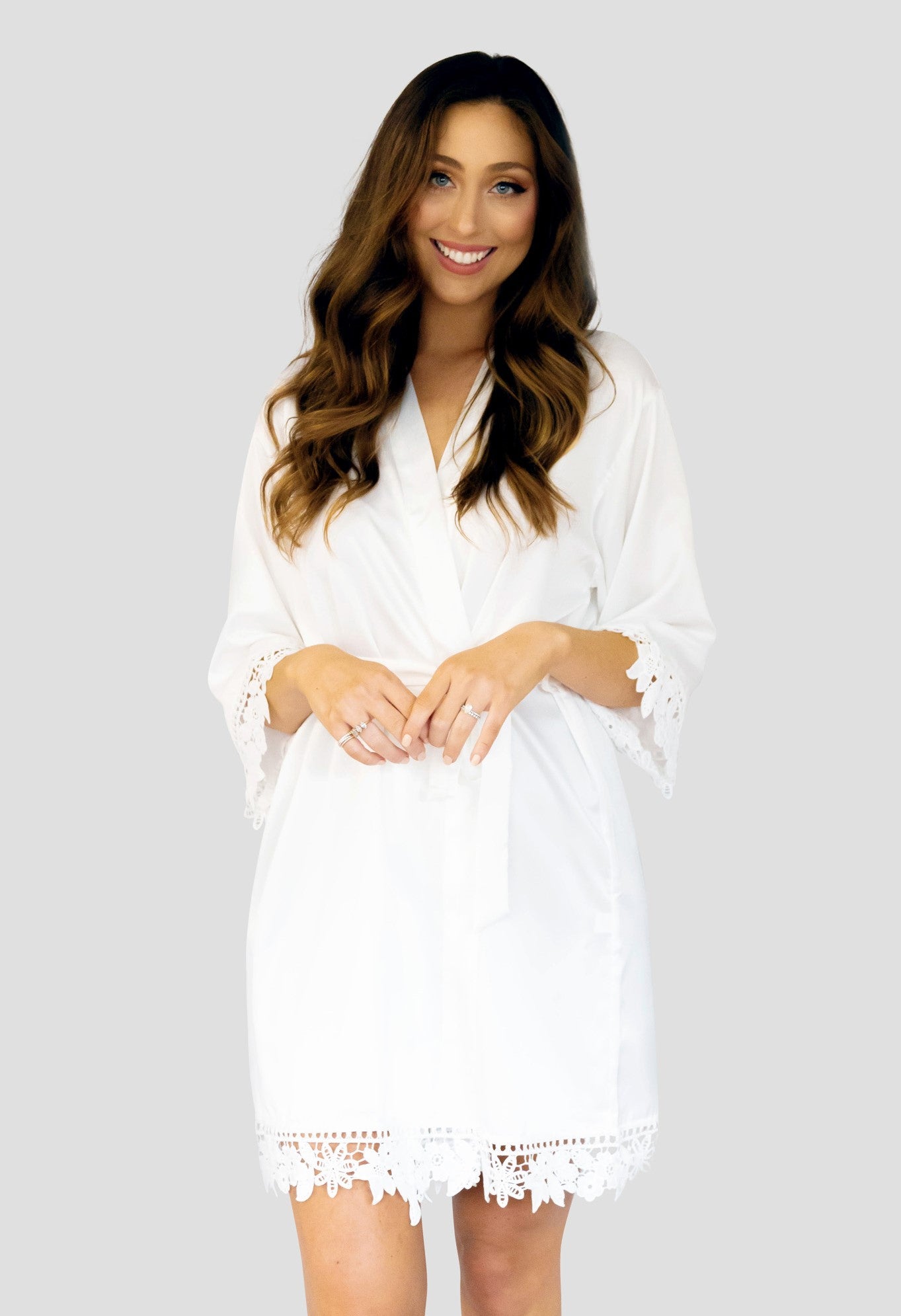 White Solid Satin Robe - Front