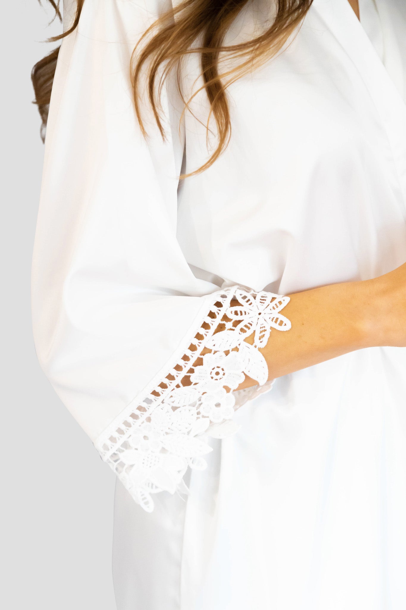 White Solid Satin Robe - Lace Sleeve